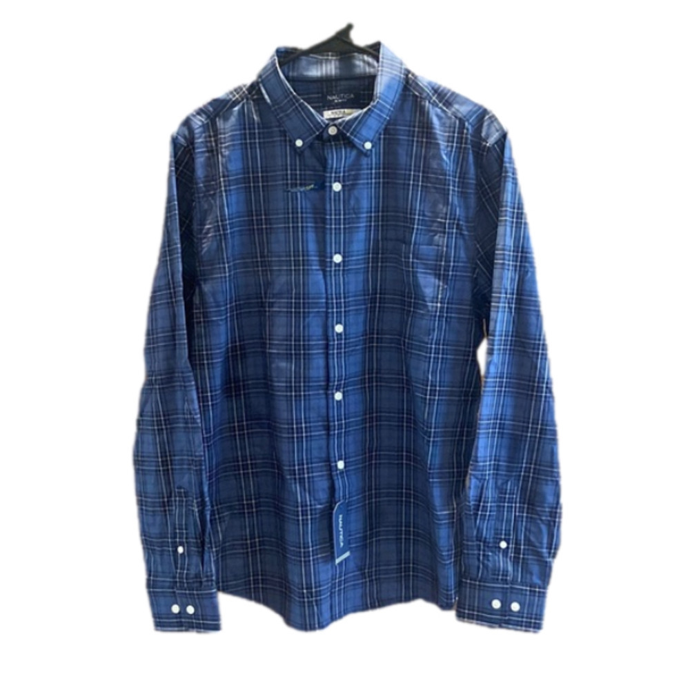 NWT Nautica Flex Slim Fit Wrinkle Resistant Blue Plaid Long Sleeve Button-Down